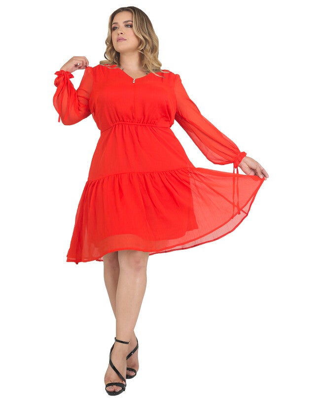 Plus Size Blair Chiffon Long Sleeve Tiered Prairie Mini Dress, Tiger Lily / Orange, alternate image number 3