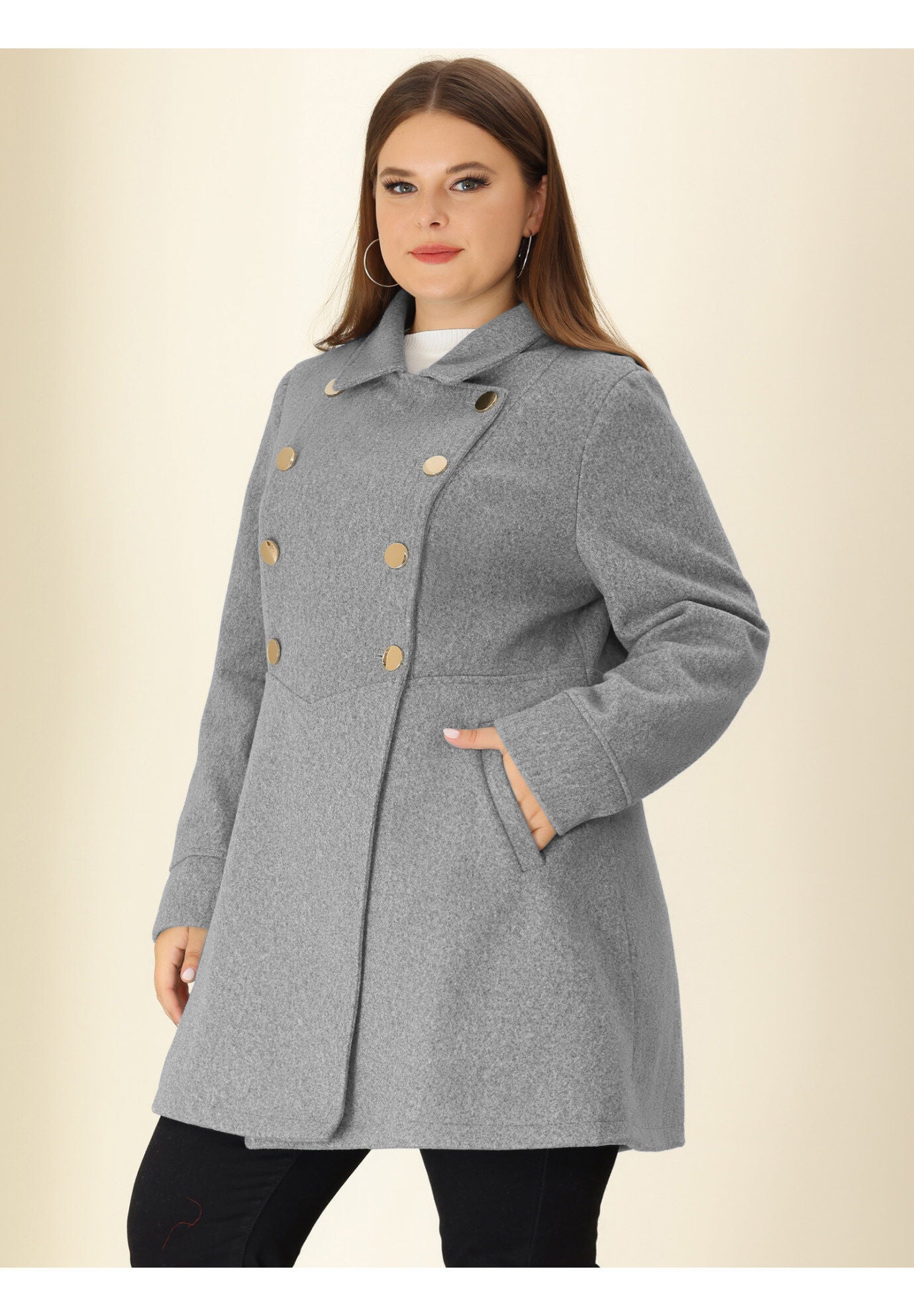 A-Line Peter Pan Collar Double Breasted Peacoat, Grey / Light Grey, hi-res image number 0
