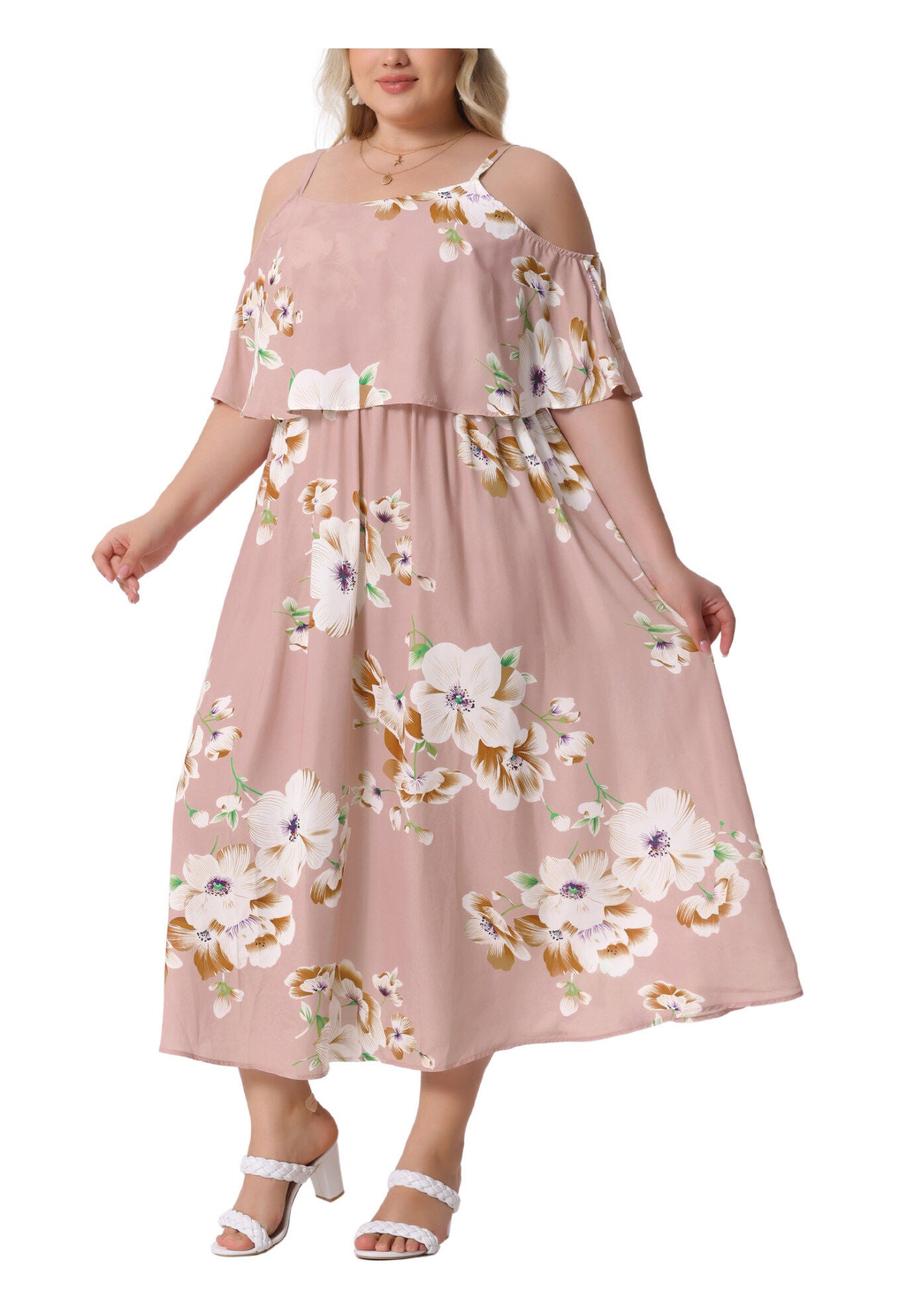 Square Neck Adjustable Strap Sundress Summer Maxi Dress, Pink / Pink, alternate image number 1