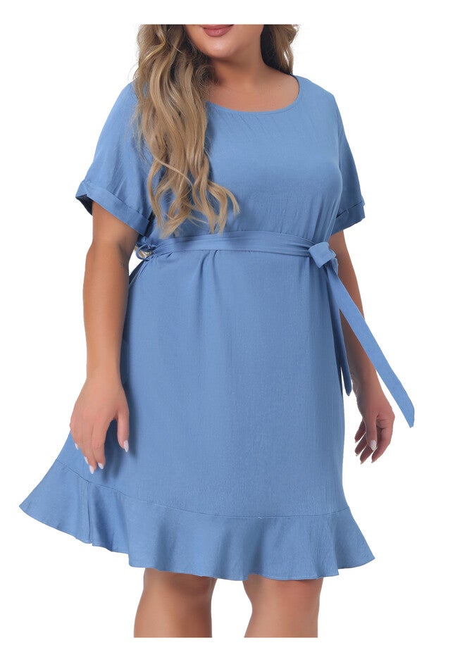 Summer Tie Waist Short Sleeve Sundress Ruffle Midi Chambray Dress, Light Blue / Light Blue, alternate image number 2