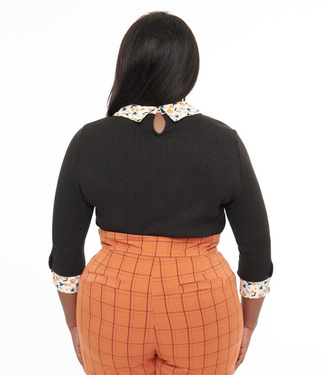 Black & White Halloween Print Contrast Sabrina Sweater, Black White Halloween Print / Black, alternate image number 1
