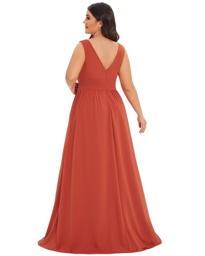 Sleeveless V-Neck Empire Waist High Slit Floor-Length Evening Dress, Burnt Orange / Burnt Orange, alternate image number 1