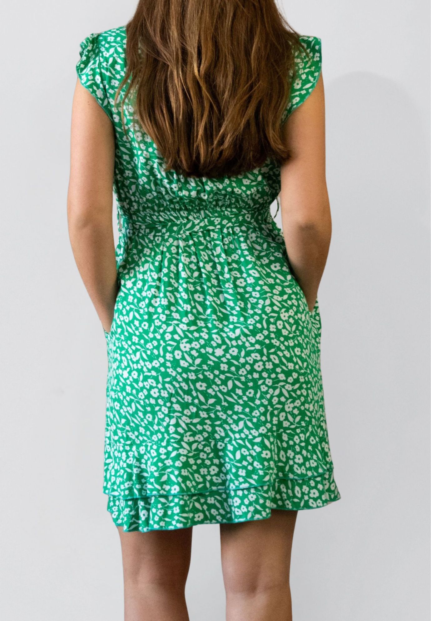 Annick - Natasha Printed Short Dress with Belt, Pockets, and Ruffle Trim, Green / Light Green, alternate image number 3