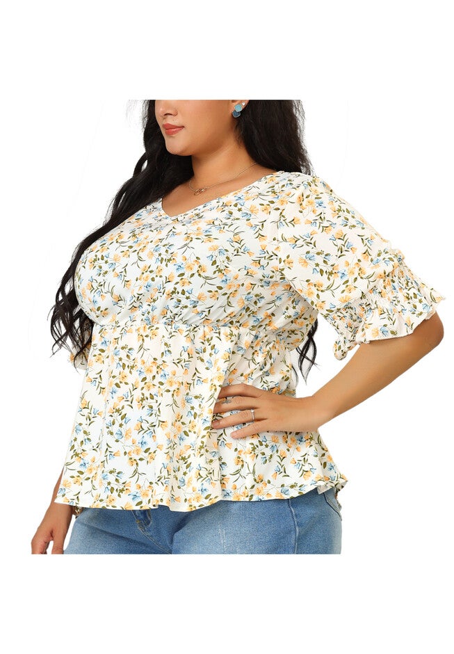 Chic V Neck Short Sleeve Floral Peplum Blouse, White / White, alternate image number 2
