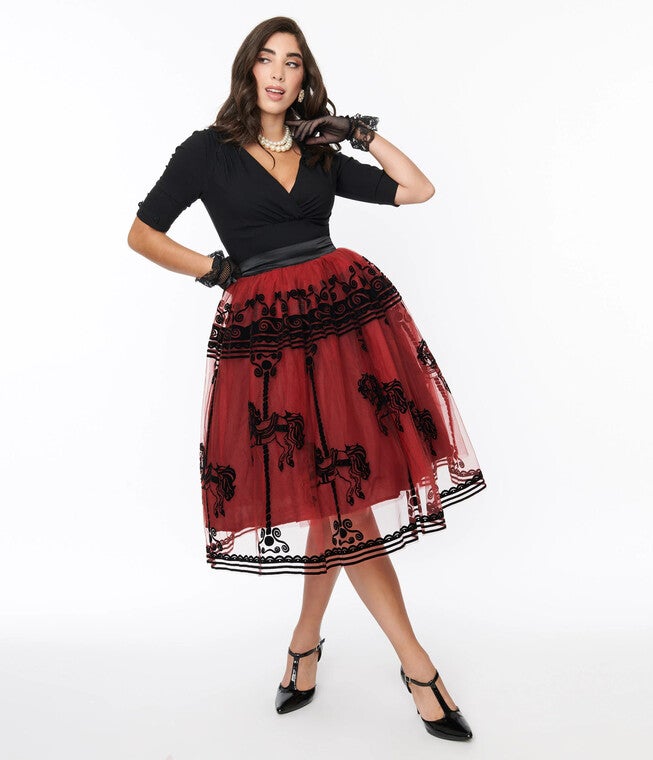 Unique Vintage Burgundy Carousel Brilliance Swing Skirt, Burgundy Black Carousel / Burgundy, hi-res image number 0