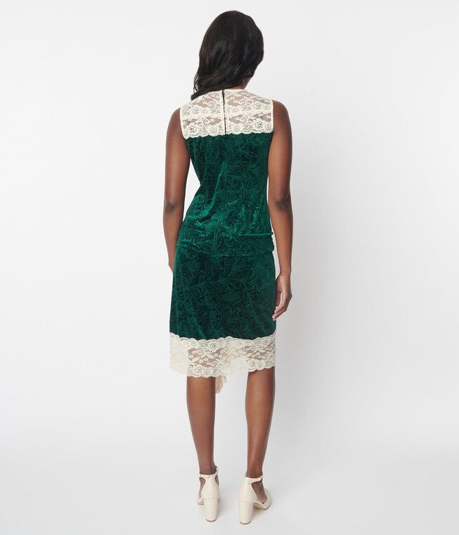 Unique Vintage Emerald Green Crushed Velvet & Ivory Lace Flapper Dress, Emerald Green Velvet Ivory Lace / Hunter Green, alternate image number 2