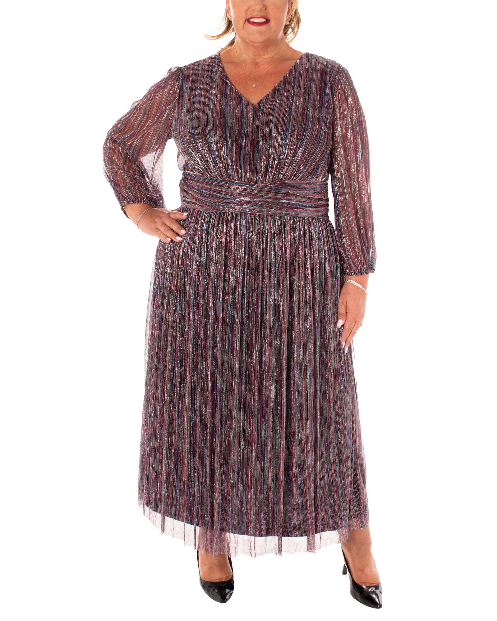 METALLIC CRINKLE CHIFFON SILKY DENIER  FULLY LINED DRESS, FUCHSIA MULTI / Purple, hi-res image number 0