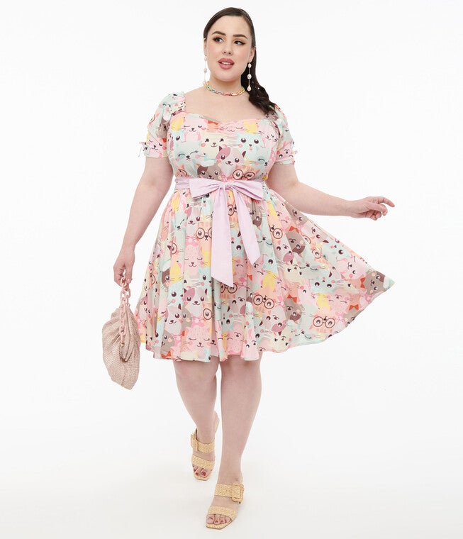 Unique Vintage 1950s Pink & Multicolor Cat Print Dakota Flare Dress, Pink  Multicolor Cat Print / Pink, hi-res image number 0