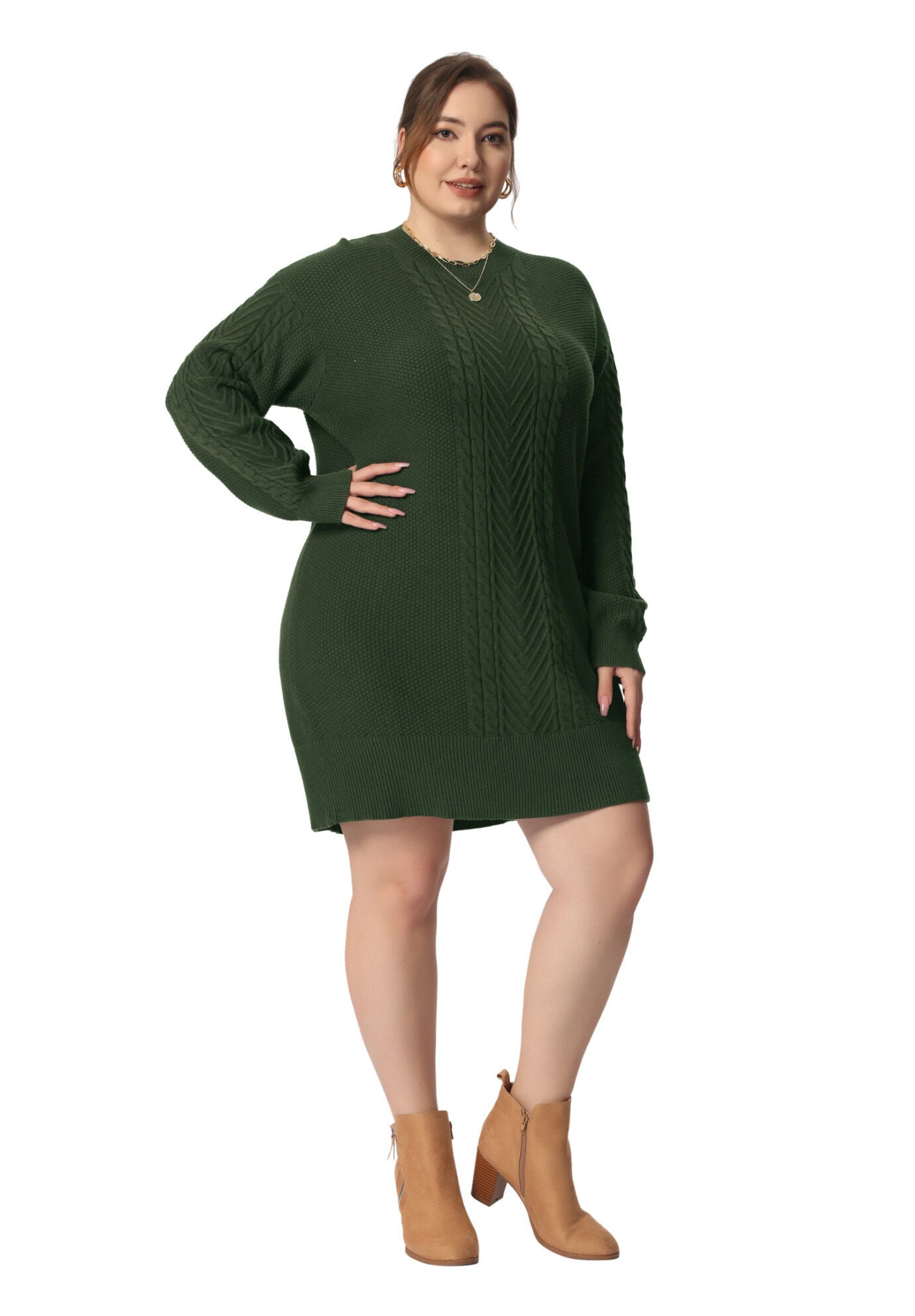 CREWNECK LONG SLEEVE KNIT TUNIC PULLOVER SHORT SWEATER DRESS, Army Green / Olive Green, hi-res image number 0