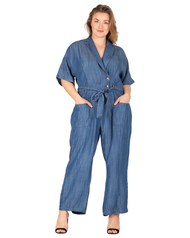 Yuki Women's Plus Size Tencel Denim Kimono Sleeves Tie Wrap Jumpsuit, Indigo / Medium Wash, hi-res image number 0