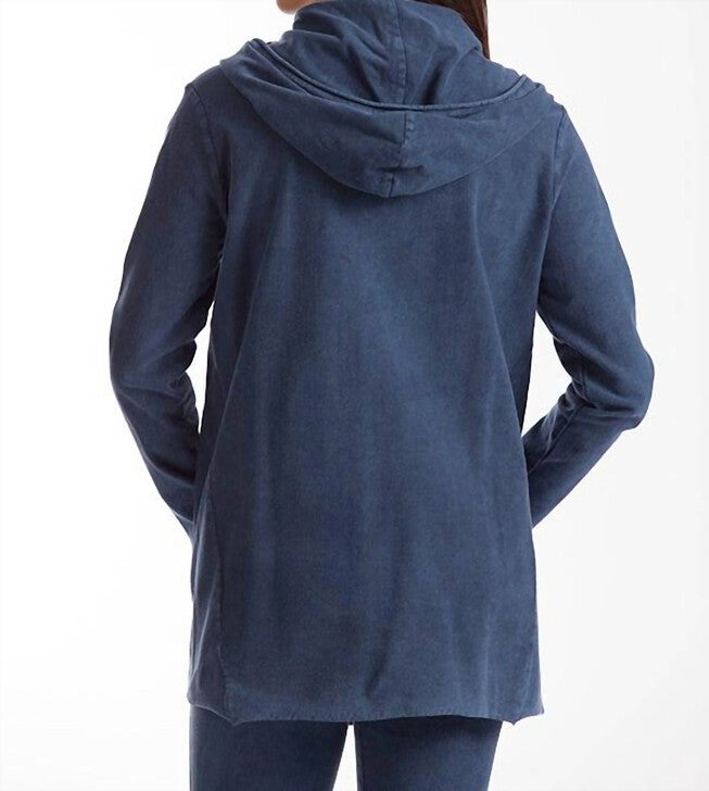 MONICA HOODED DRAPED CARDIGAN IN DENIM, Denim / Navy, alternate image number null