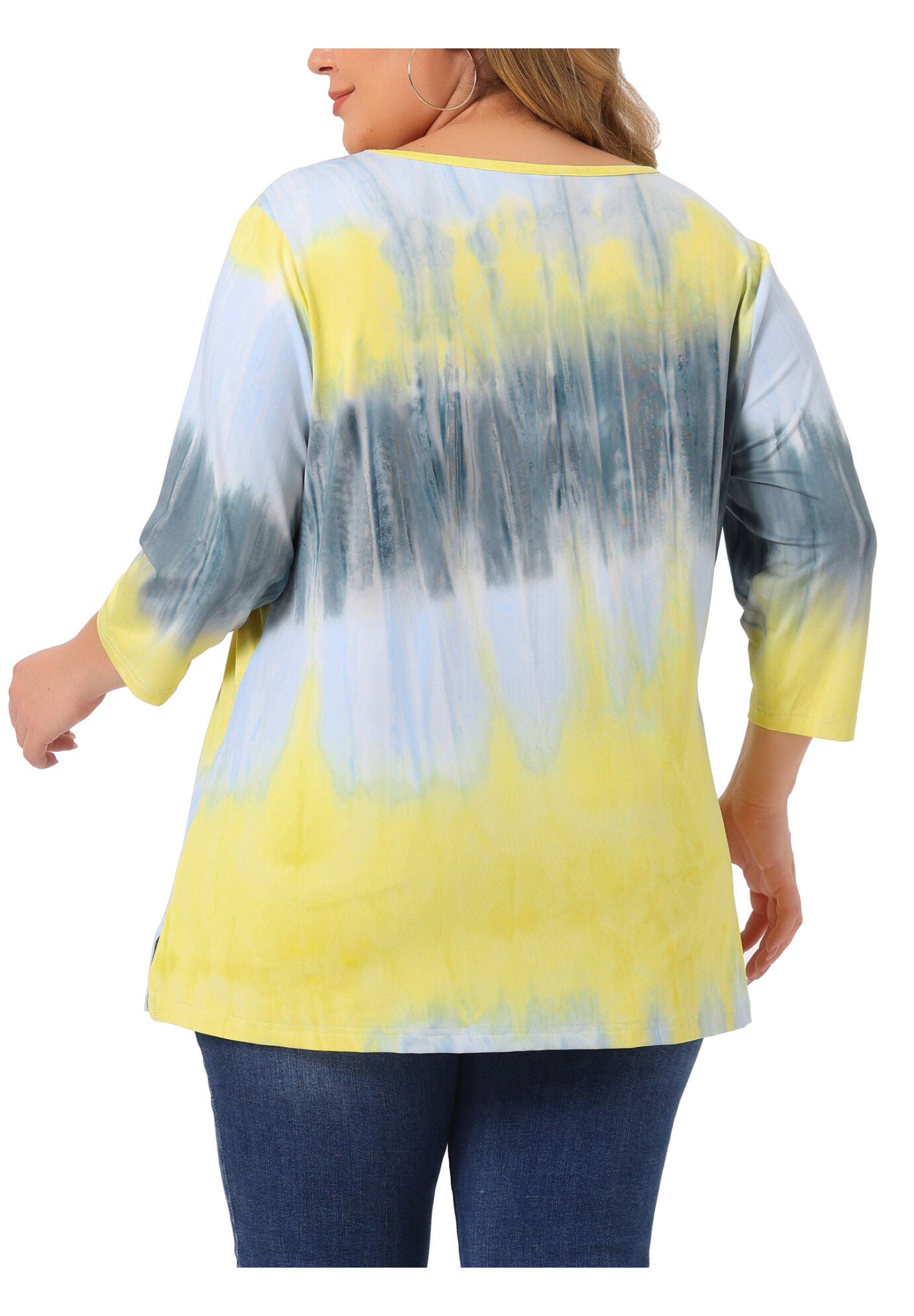 V Neck 3/4 Sleeve Loose Casual Striped Tie Dye Print T-Shirt Top, Gray Yellow / Dusty Blue, alternate image number 4