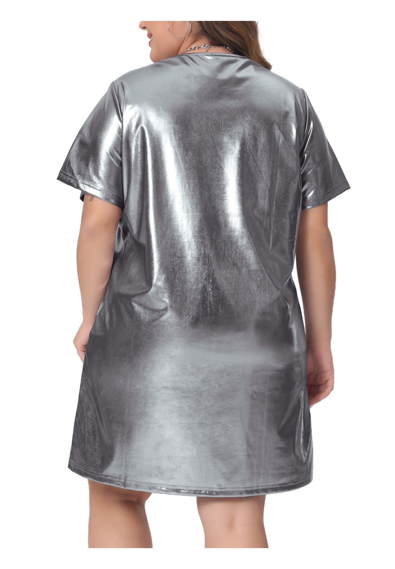 Metallic Round Neck Short Sleeve Loose Mini T-Shirt Dress, Silver / Silver, alternate image number 3