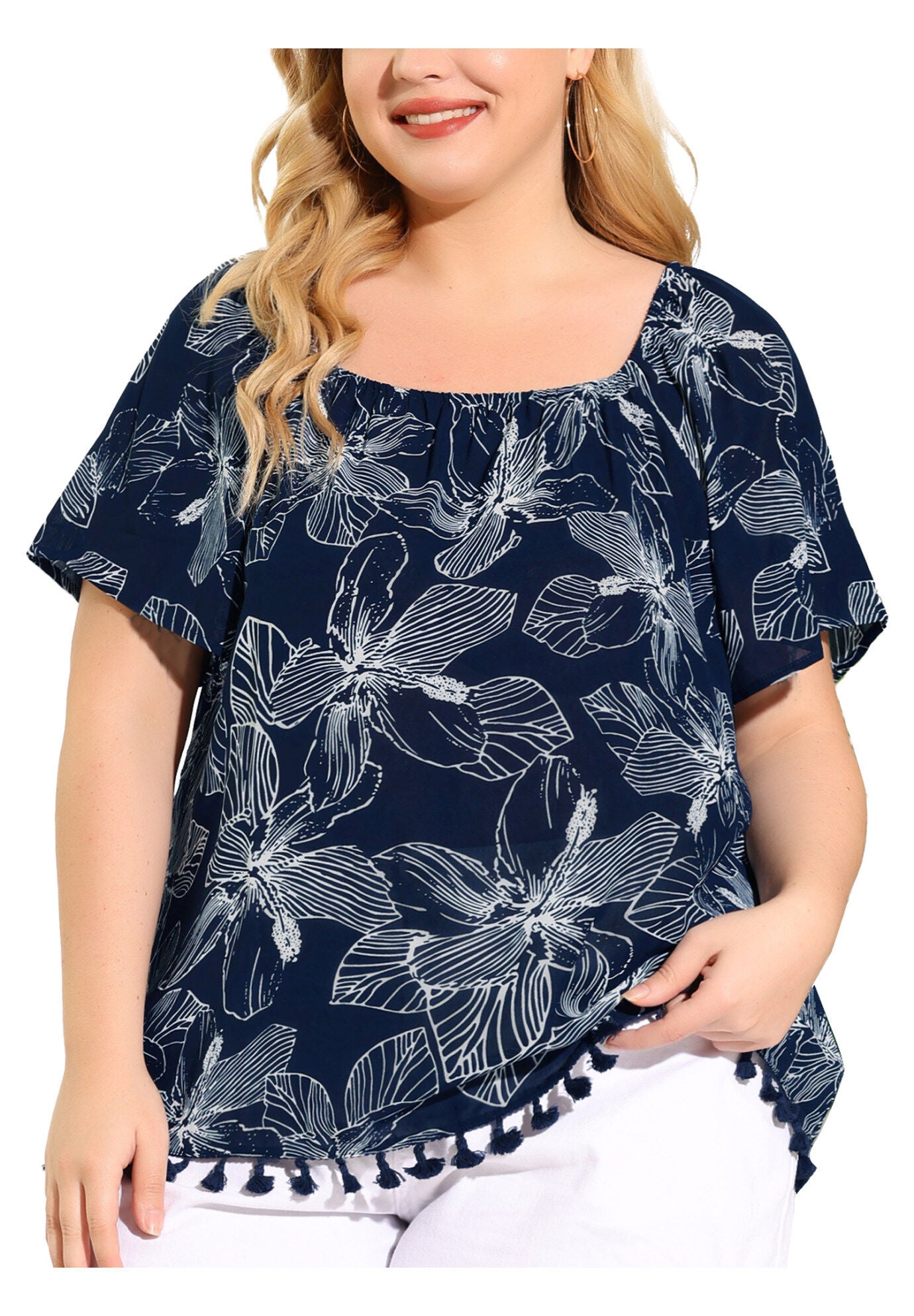 Square Neck Floral Tassel Hem Boho Tops, Navy Blue / Navy, alternate image number 1