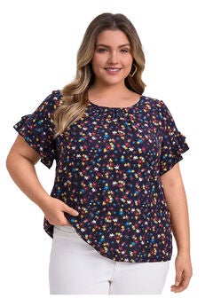 Floral Print Blouse Crew Neck Double Layer Ruffles Short Sleeve Top