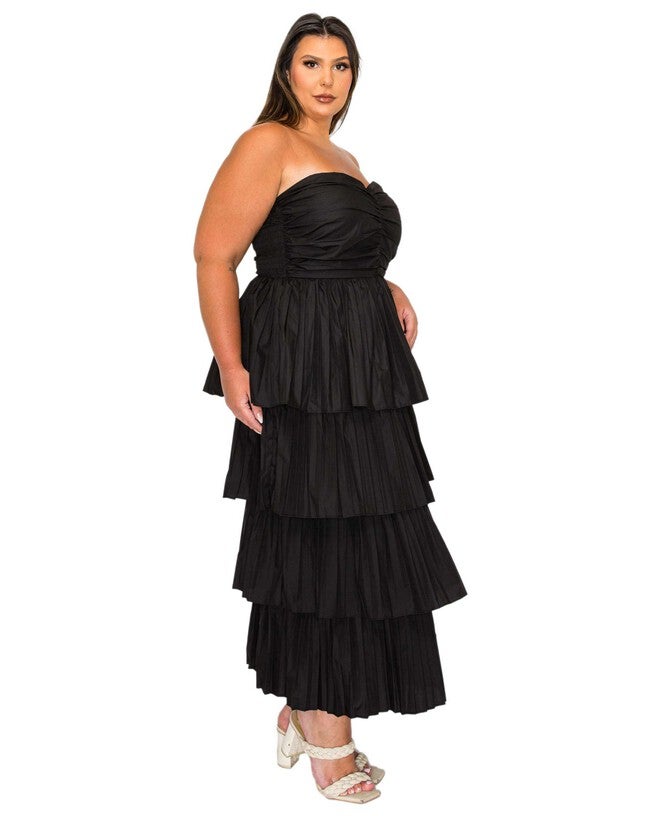 ELENI STRAPLESS PLEATED TIERED DRESS, Black / Black, alternate image number null