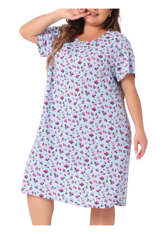 Short Sleeve Lightweight Pajama Dress, Light Blue / Light Blue, alternate image number 1