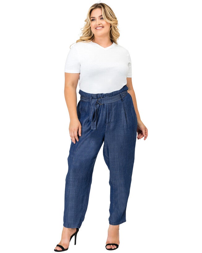 Plus Size Marina Paper Bag Waist Medium Blue Tencel Denim Peg Leg Pants D-Ring Belt, , alternate image number 8