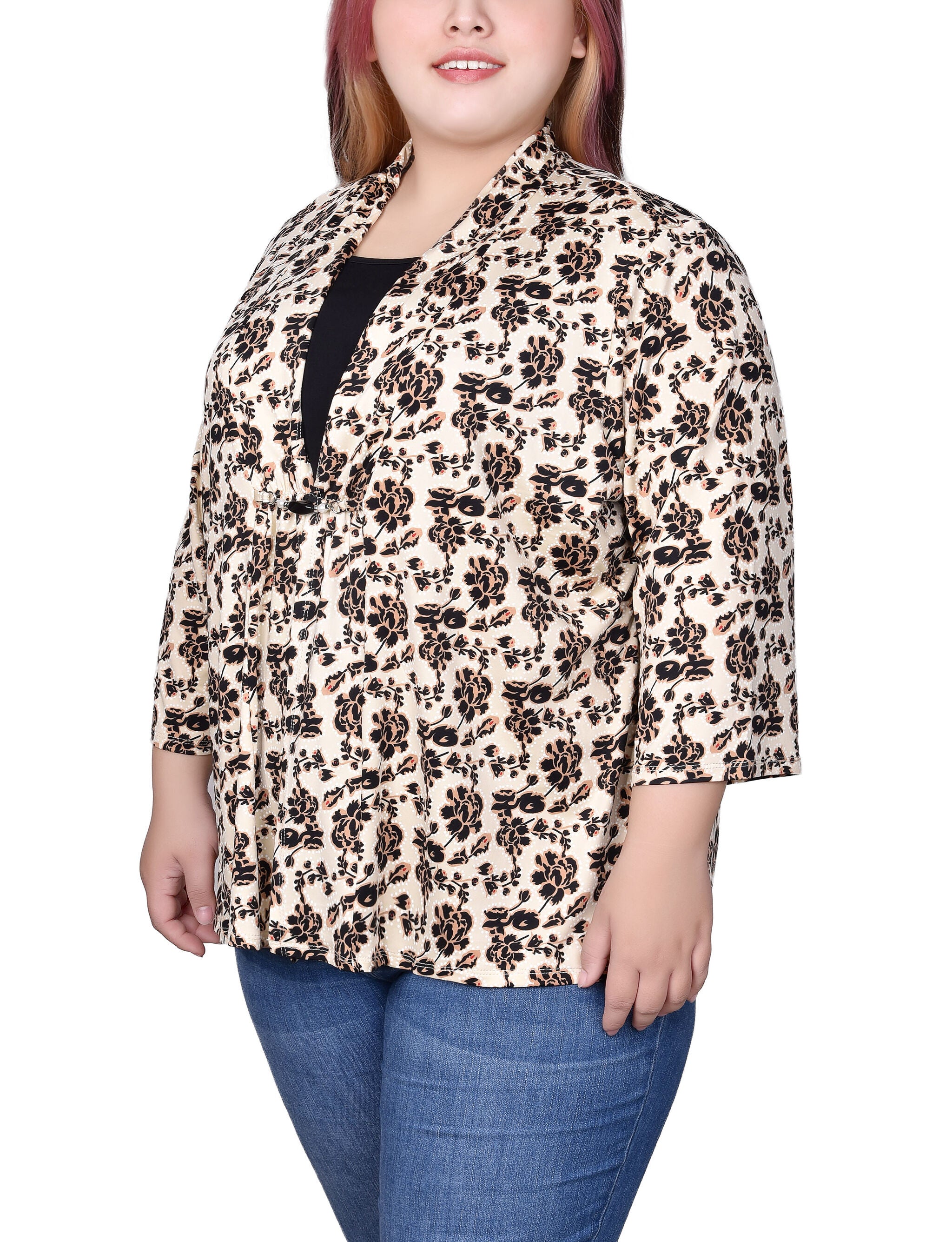 Puff Print 3/4 Sleeve Two-Fer Top, Nude Black Floral, alternate image number 2