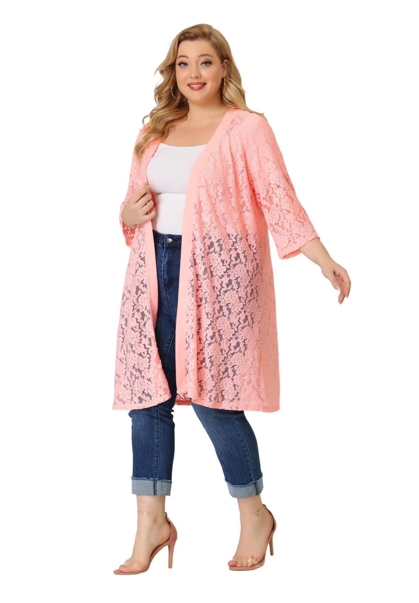 LACE CROCHET 3/4 SLEEVE COVER UP CARDIGAN, Pink / Pink, alternate image number 2