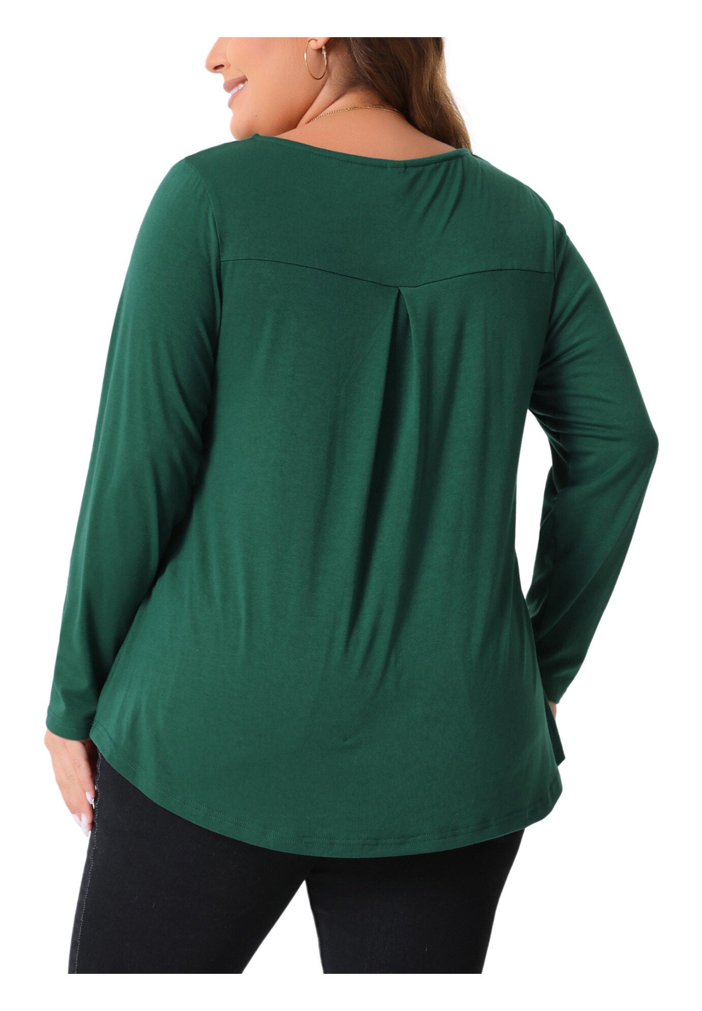Notched Neck Long Sleeve Front Pleated Blouse, Dark Green / Forest Green, alternate image number 4