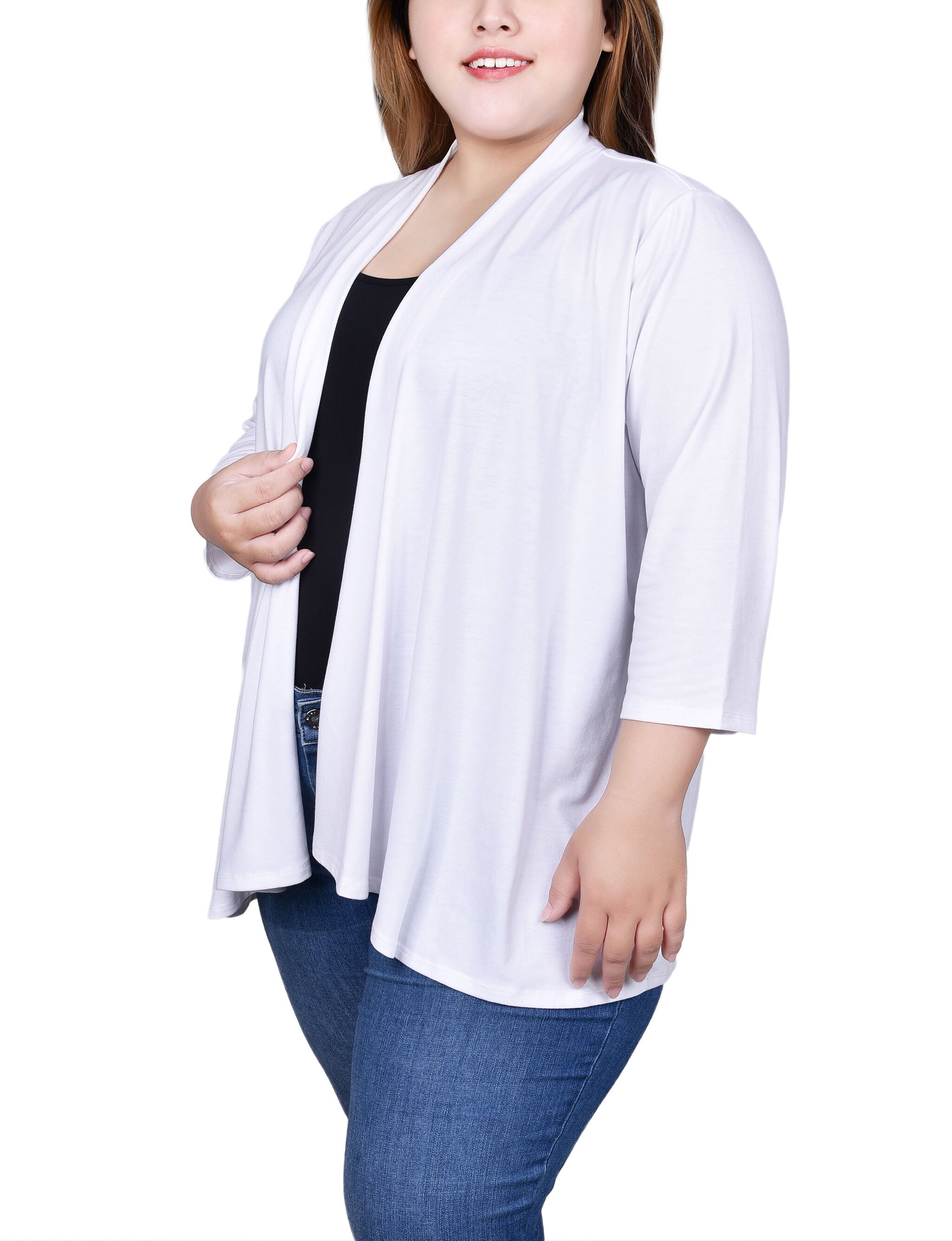 3/4 Sleeve Solid Cardigan, White, alternate image number 1