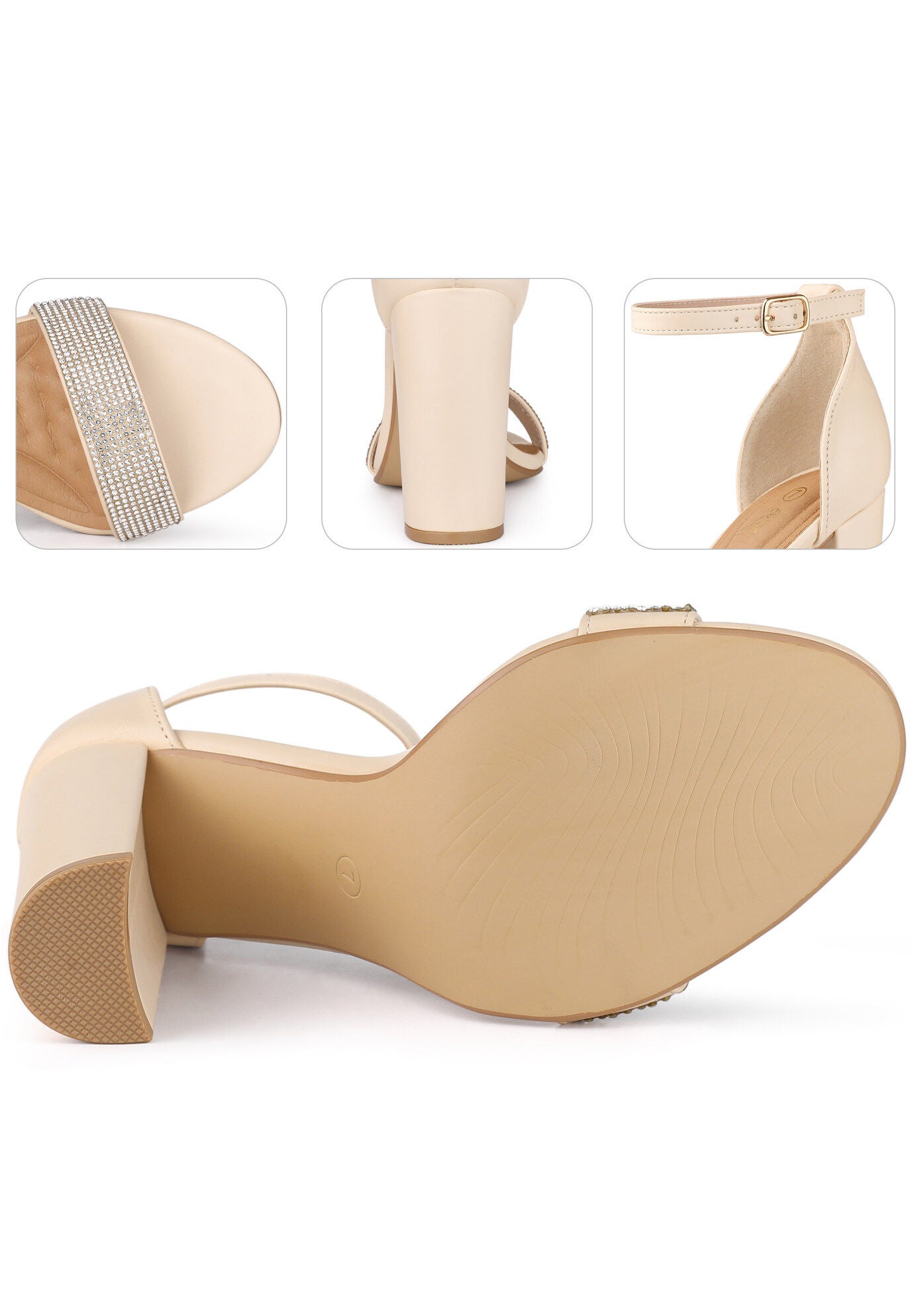 Open Toe Rhinestone Ankle Strap Chunky Heel Sandals, Beige / Beige, alternate image number 2