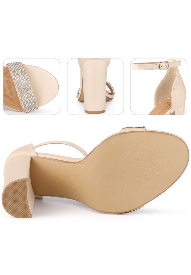 Open Toe Rhinestone Ankle Strap Chunky Heel Sandals, Beige / Beige, alternate image number 2