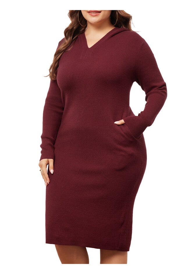 Long Sleeve Knit Pullover Hooded with Pocket Sweater Dress, Burgundy / Burgundy, alternate image number 2