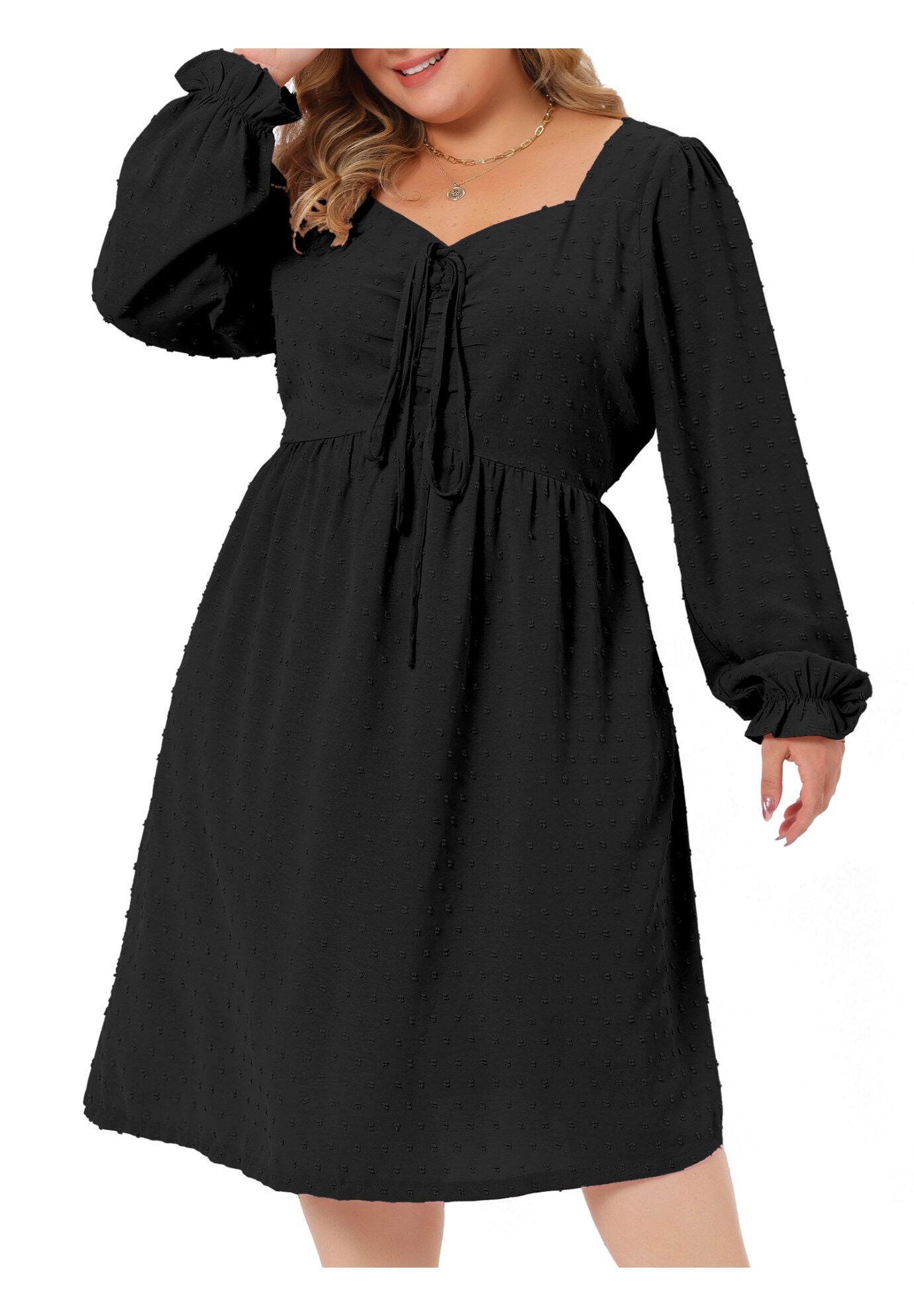 Swiss Dots Long Sleeve Sweetheart Neck Ruffle Tiered Midi Dress, Black / Black, alternate image number 1