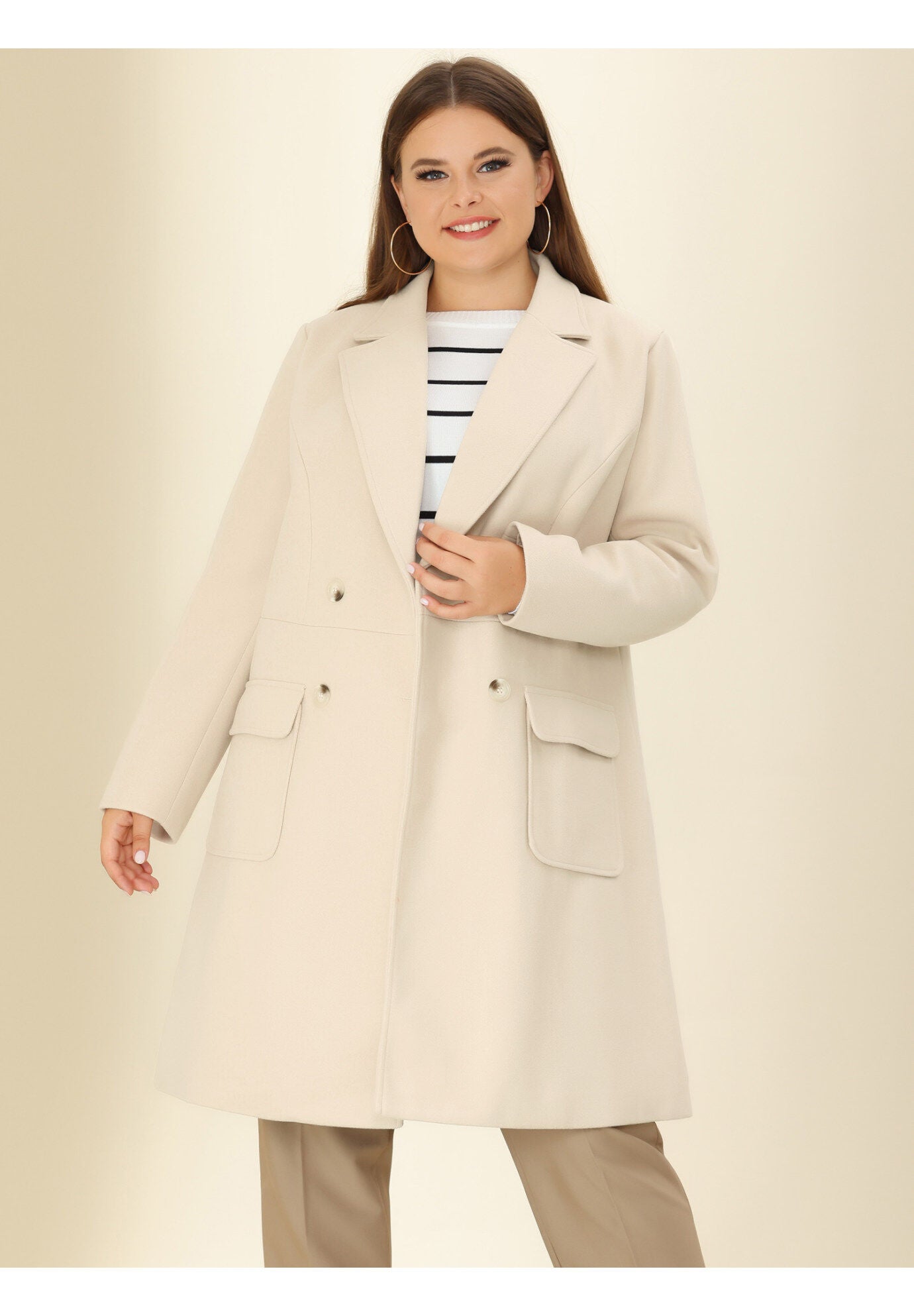 NOTCH LAPEL DOUBLE BREASTED PEA TRENCH COAT, Beige / Beige, hi-res image number 0