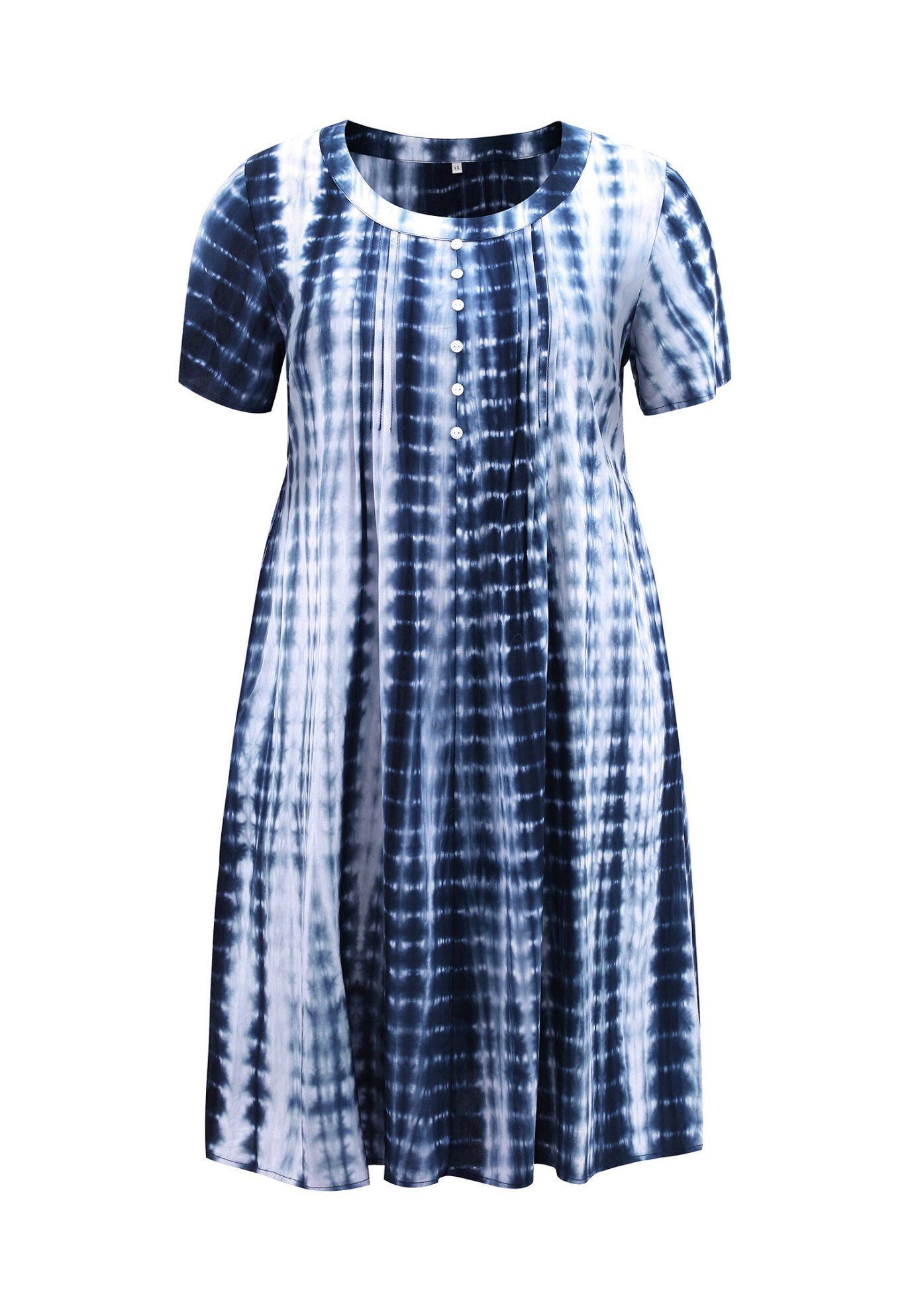Toothpick Pleated Tie Dye Button Decor Round Neck Short Sleeve A-Line Dresses with Pockets, Dark Blue / Navy, alternate image number 3