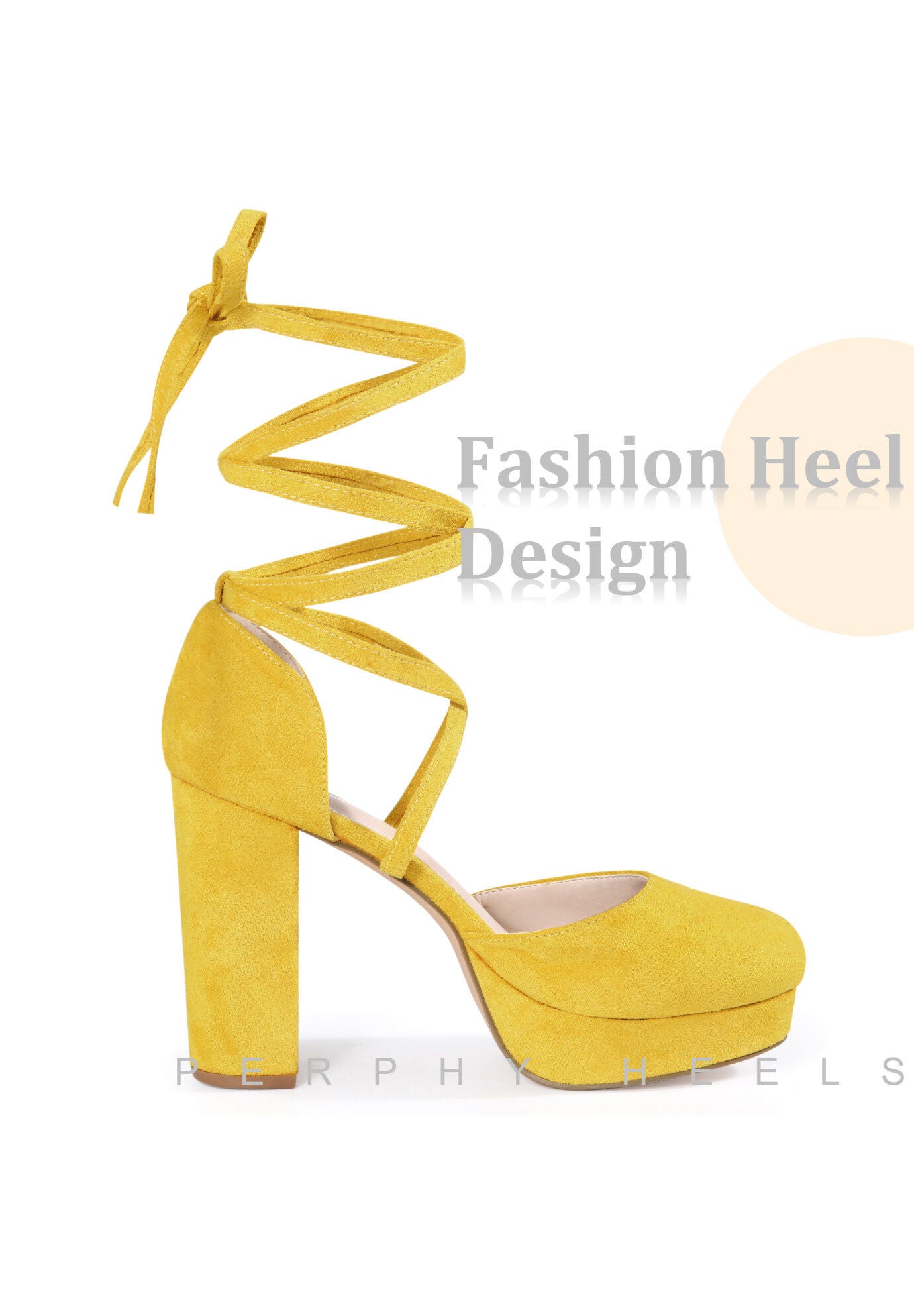 Lace Up Strappy Platform Block Heel Pumps, Yellow / Yellow, alternate image number 2