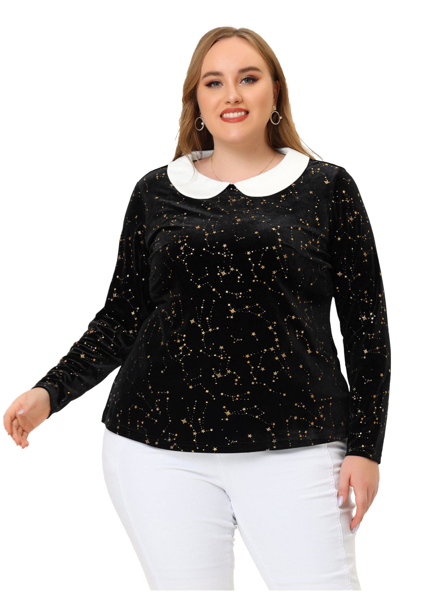 Peter Pan Long Sleeve Vintage Star Print Doll Collar Velvet Top, Black / Black, hi-res image number 0