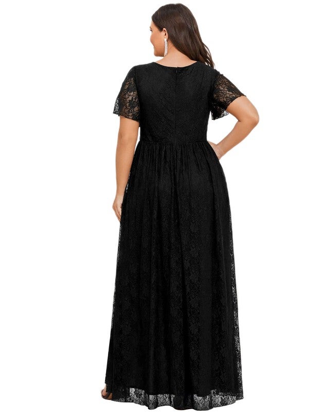 Short Sleeve Ruffled V-Neck A-Line Lace Evening Dress, Black / Black, alternate image number null