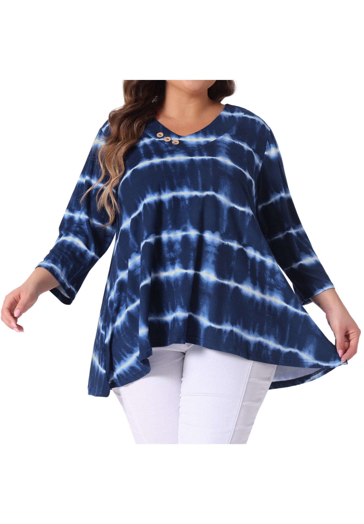 Elbow 3/4 Sleeve Loose Fit Tie Dye Tunic Top, Blue White / White, alternate image number 2