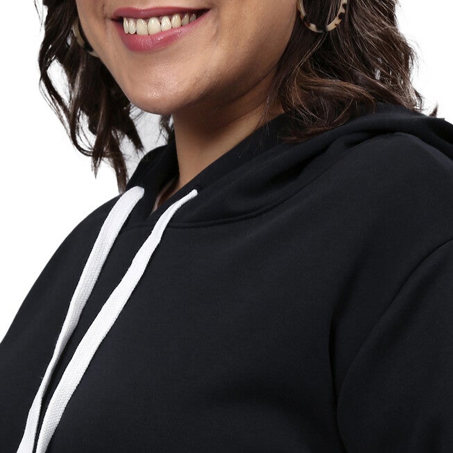 Solid Stylish Casual Hooded Sweatshirt, Black / Black, alternate image number null