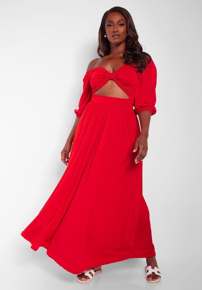 Londyn Off Shoulder Cut Out Maxi A Line Dress, Red / Red, alternate image number 1