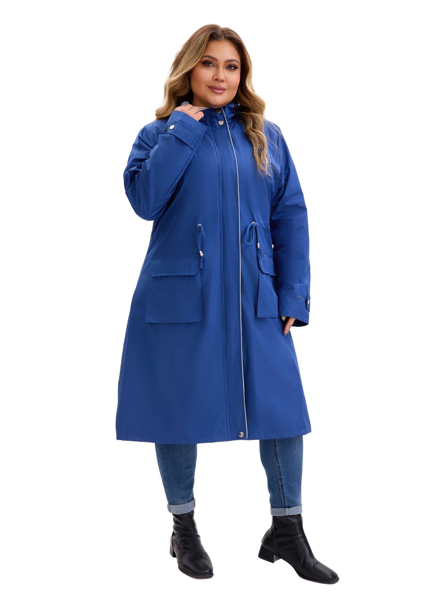 Drawstring Waist Zipper Waterproof Rain Windbreaker Jacket, Navy Blue / Azure Blue, hi-res image number 0
