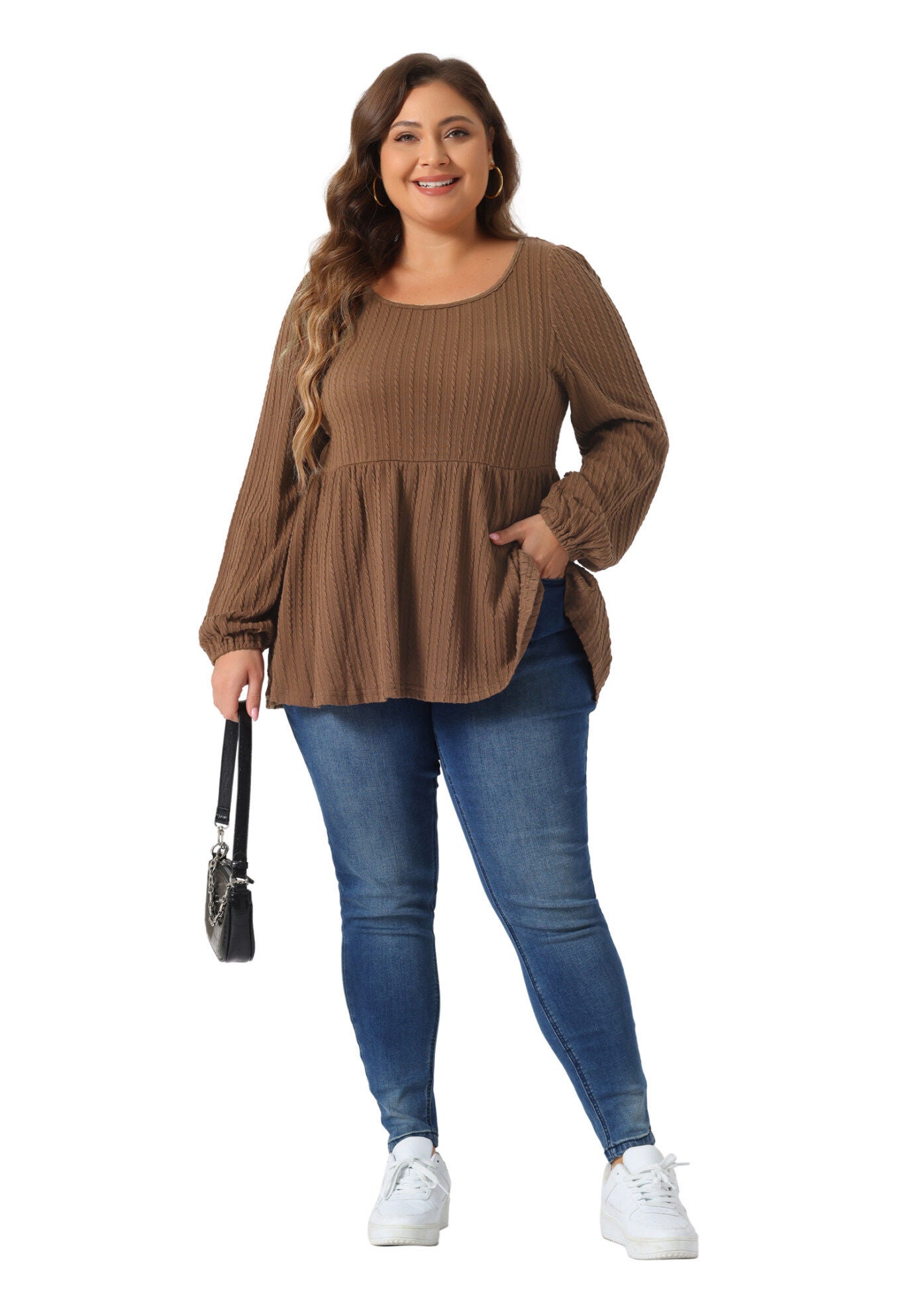 Scoop Neck Long Sleeve Ruffle Hem Peplum Knit Blouse, Brown / Brown, hi-res image number 0