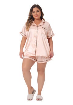 Satin Button Down Top Shorts Lounge Sets with Pocket