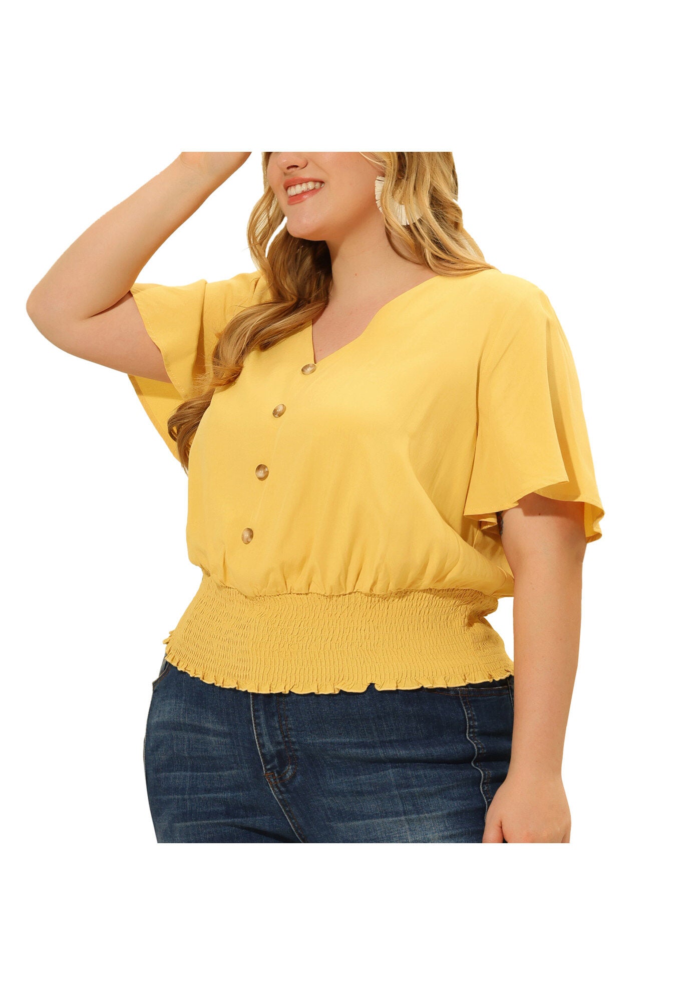 V Neck Button Up Short Sleeve Shirred Crop Shirt Blouse, Yellow / Yellow, alternate image number 1