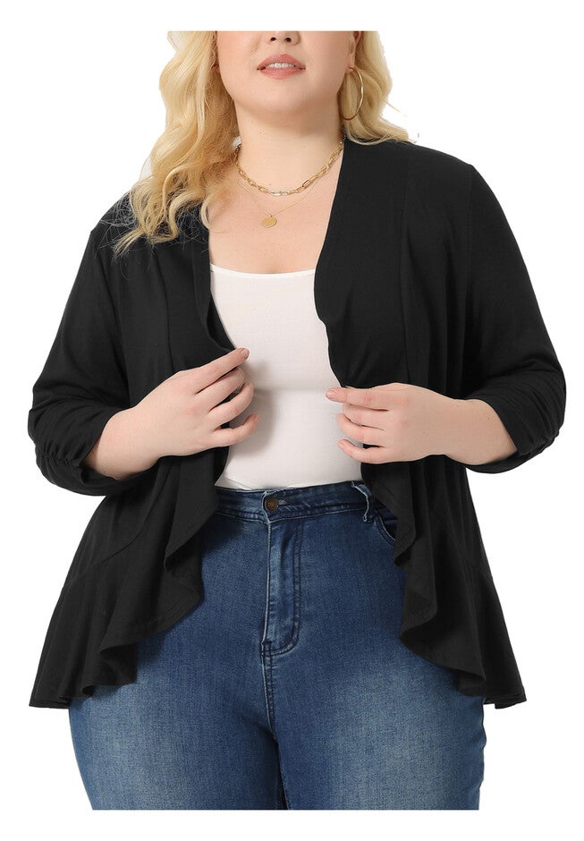 3/4 Sleeve Open Front Cropped Shrug Bolero Cardigan, Black / Black, alternate image number 2