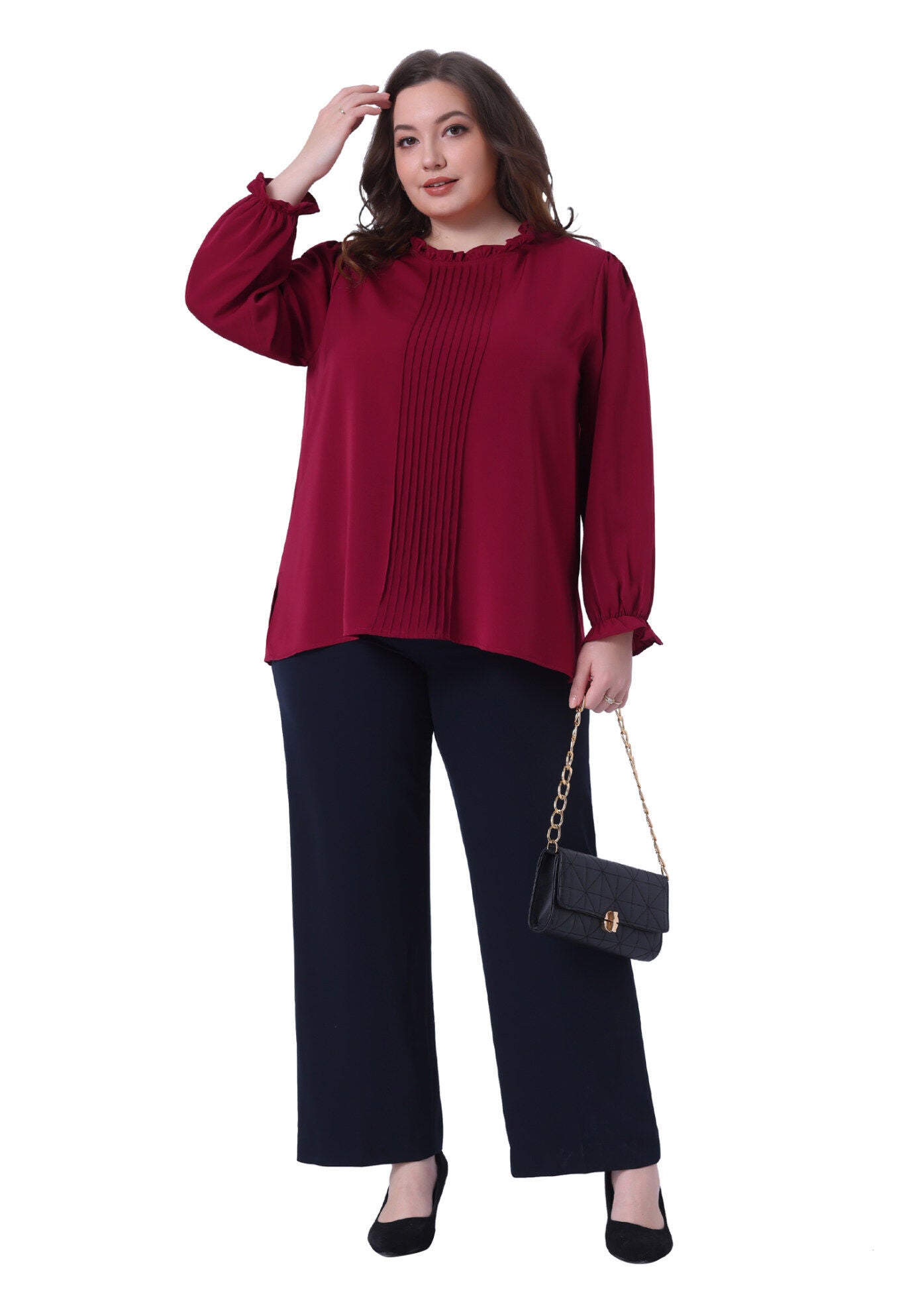 Long Sleeve Ruffle Front Pleated Top Elastic Cuff Blouse, Burgundy / Burgundy, hi-res image number 0