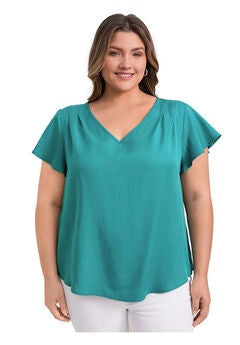 V Neck Shoulder Pleated Ruffle Short Sleeve Blouse
