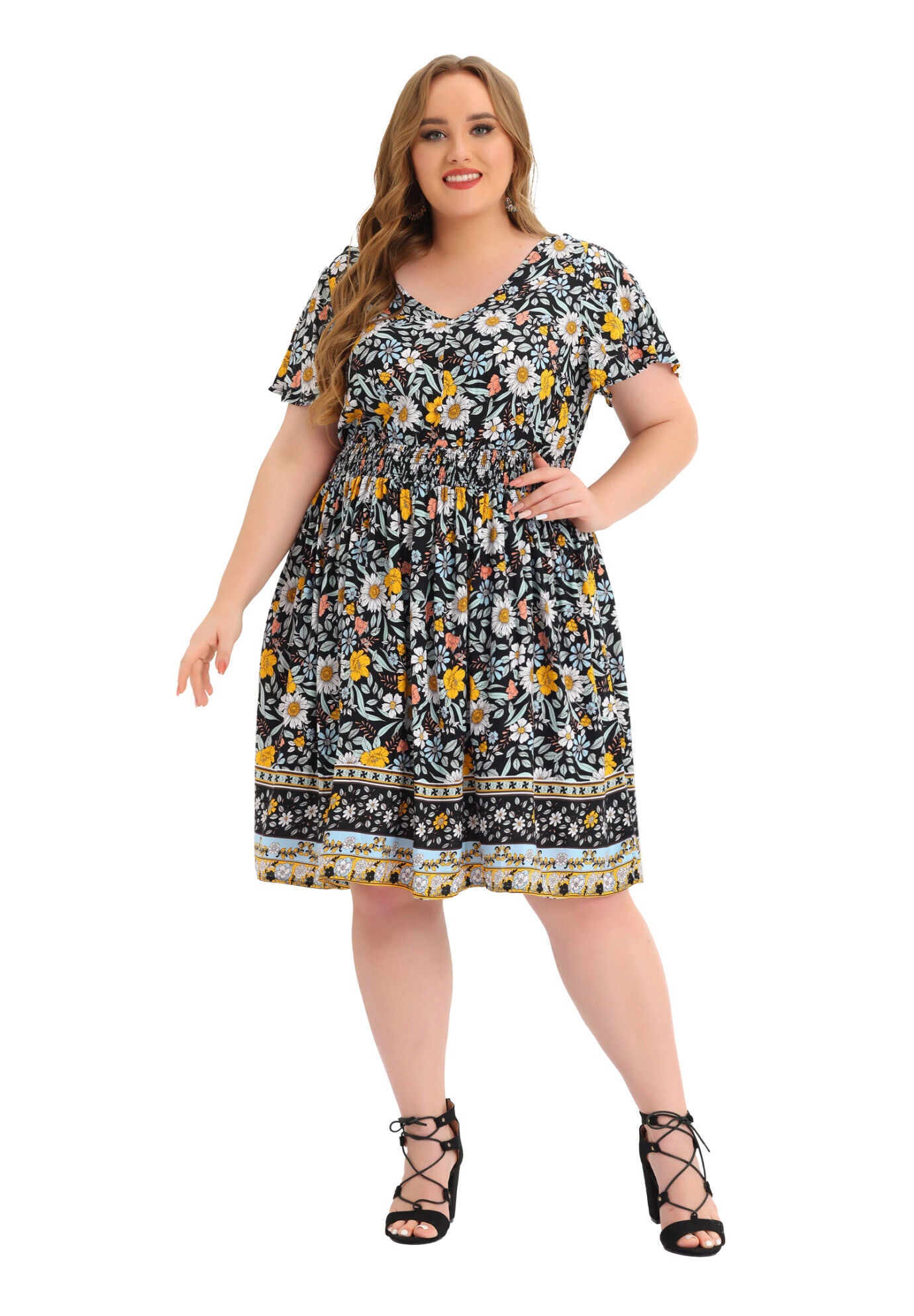 Placed Pattern Bohemian Smock Waist V Neck Summer Midi Dress, Black / Black, hi-res image number 0