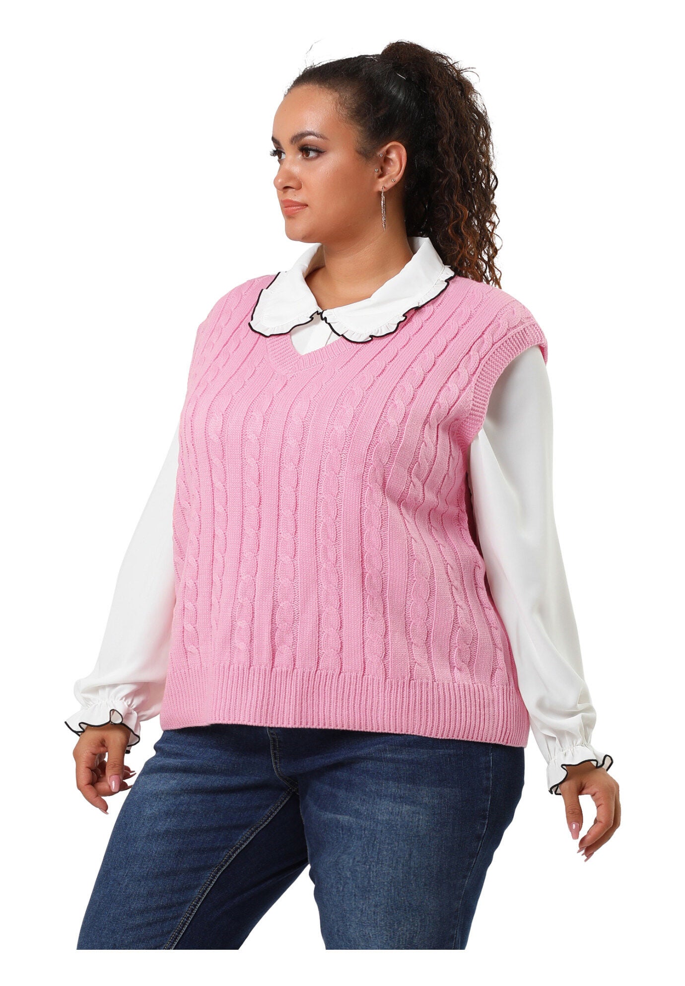 V Neck Cable Knit Sweater Sleeveless Pullover Sweater Vest, Pink / Pink, alternate image number 3