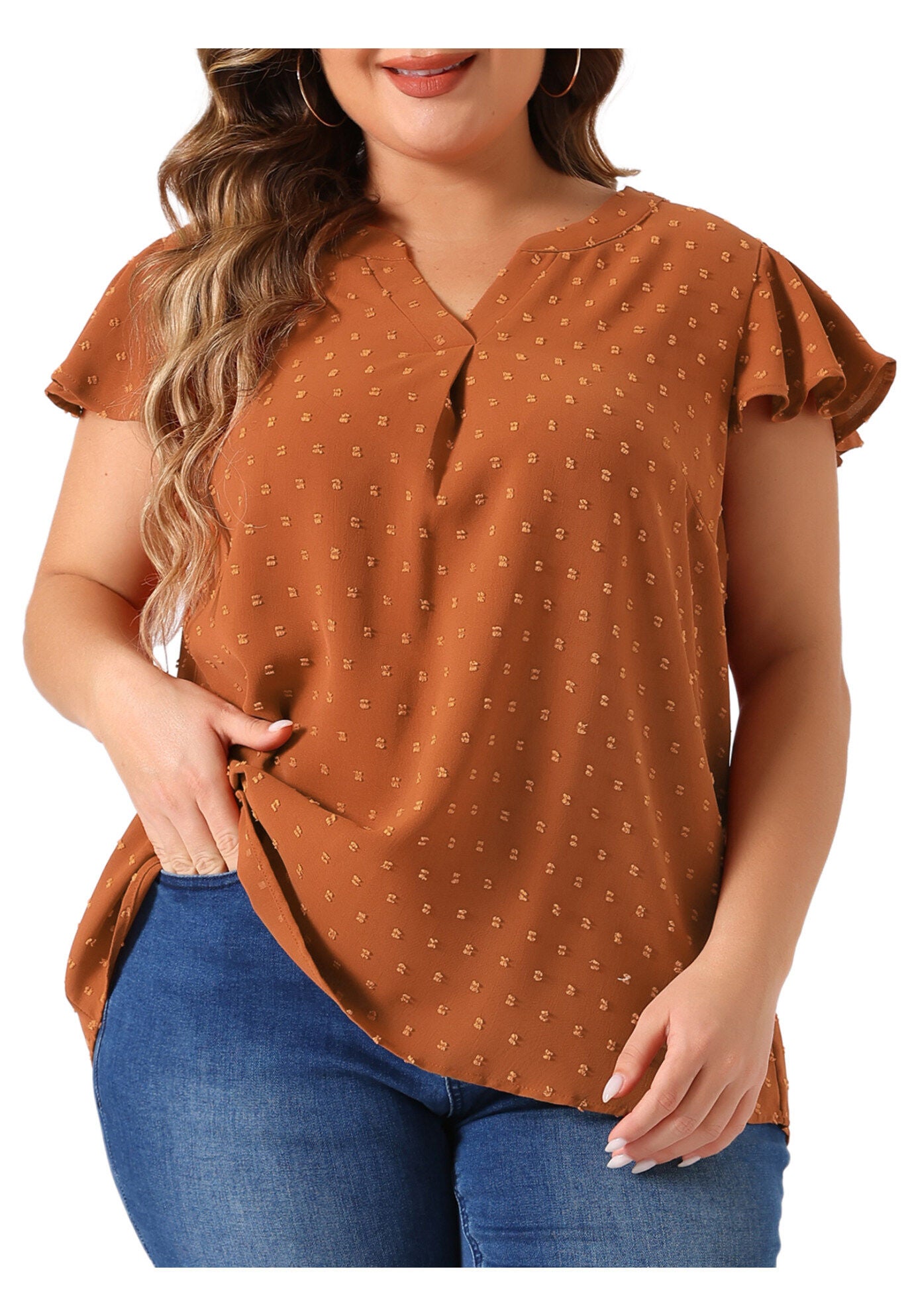 Swiss Dots Notched Neck Ruffle Sleeve Blouse, Caramel / Brown, alternate image number 2