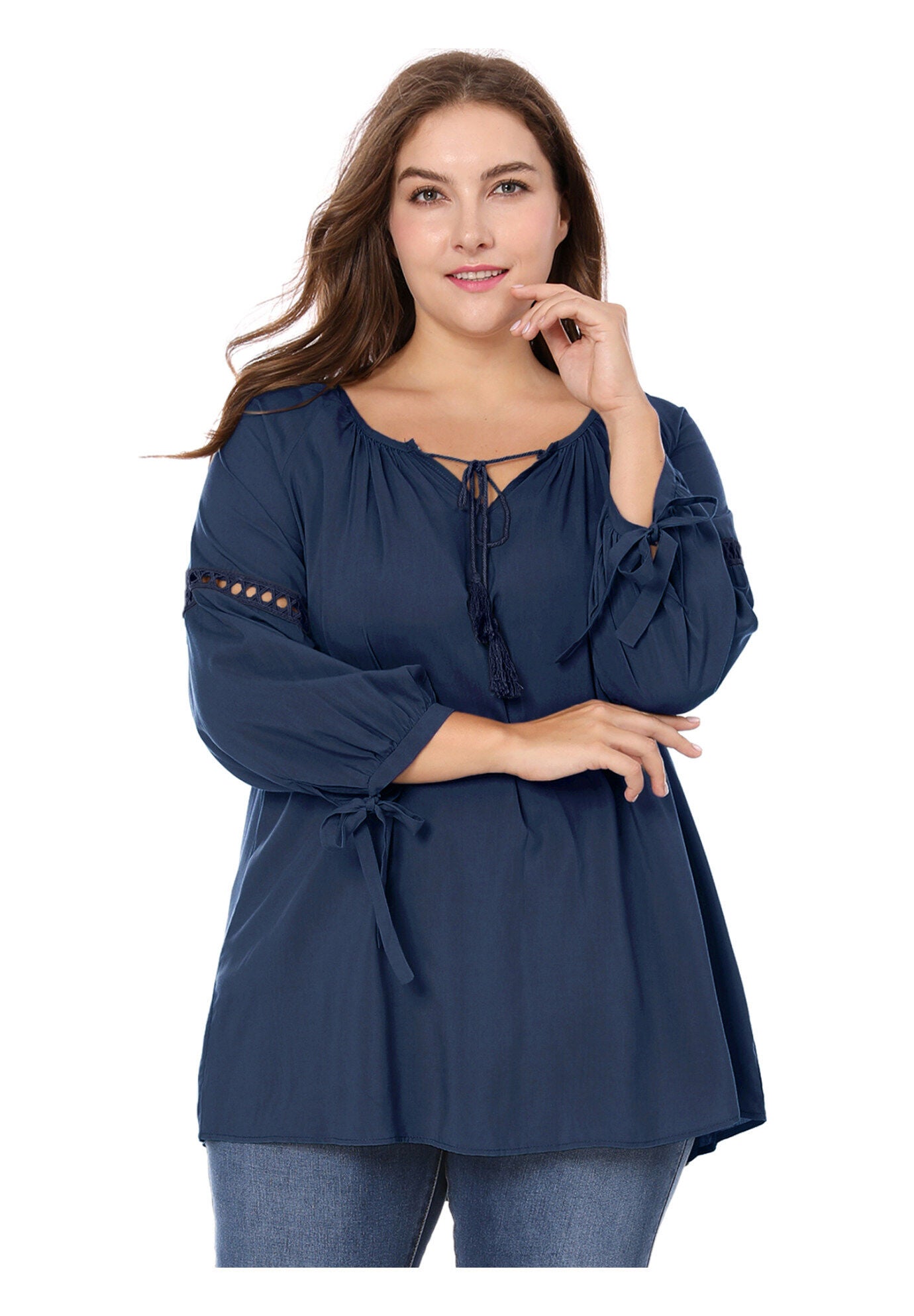 RAGLAN SLEEVES HOLLOW OUT TIE NECK PEASANT TOP, Navy Blue / Navy, hi-res image number 0