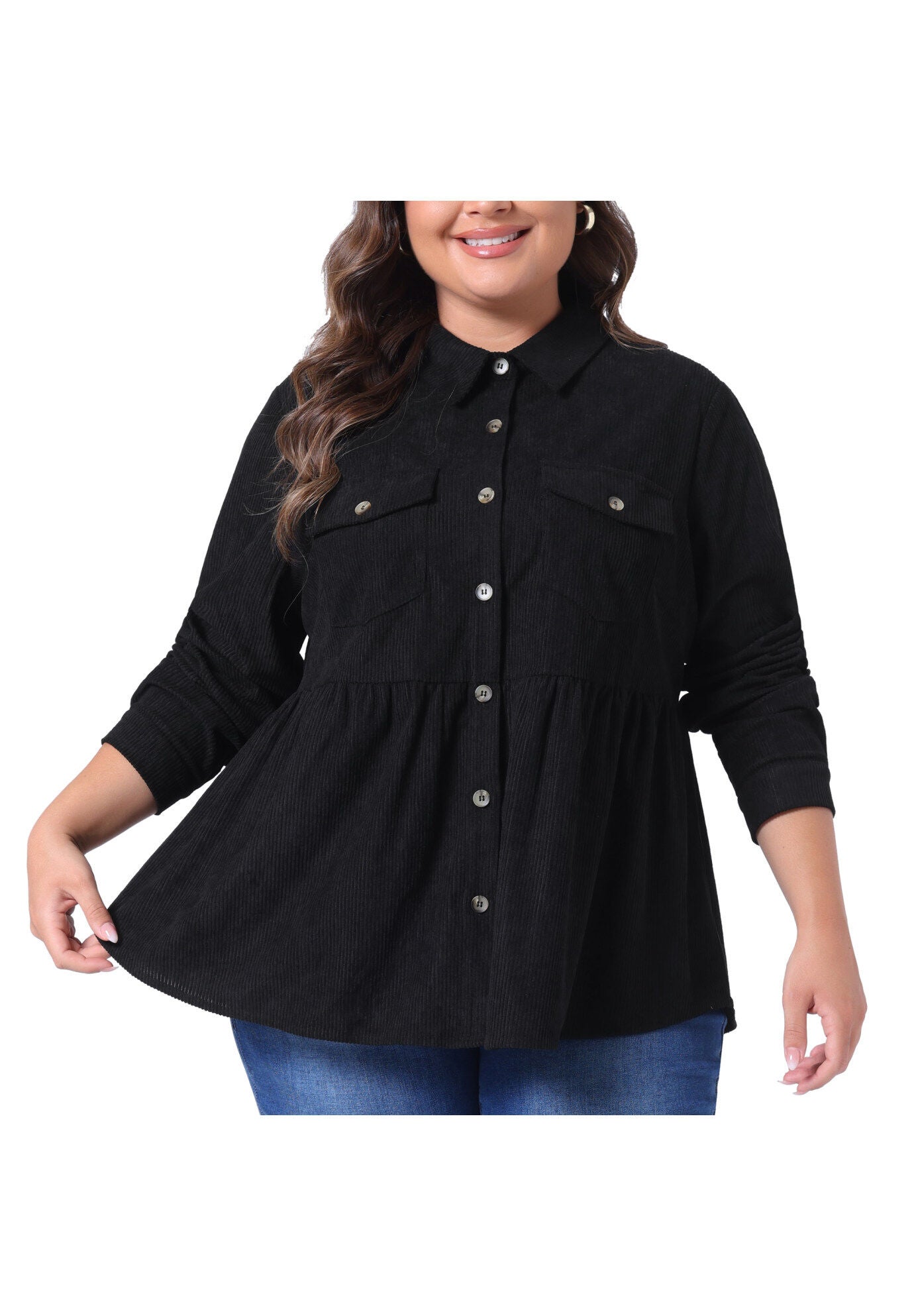 Peplum Button Down with Pockets Corduroy Shirt, Black / Black, alternate image number 2